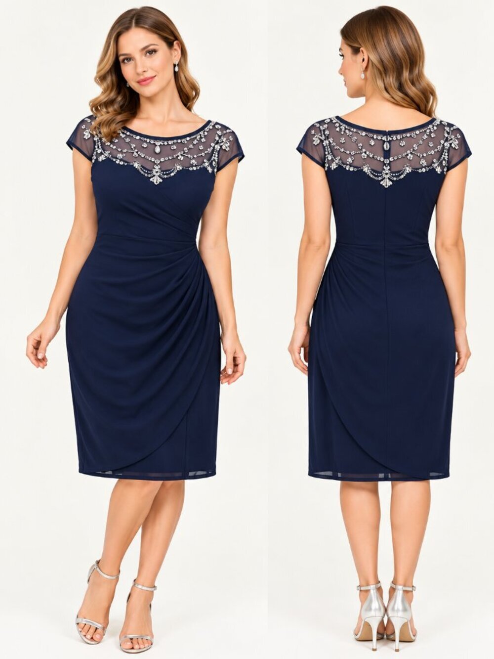 Navy Blue Cocktail Dress with Beaded Illusion Neckline – Elegant Party or Formal